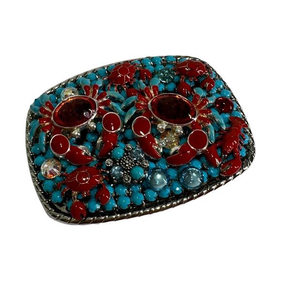 Artisan Boho Crab Lobster Beaded Embellished Belt Buckle Red Blue Coastal Beach - Picture 4 of 6